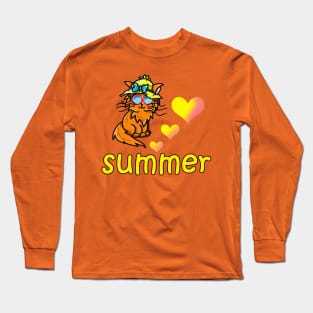 Cartoon cat in a summer hat and sunglasses Long Sleeve T-Shirt